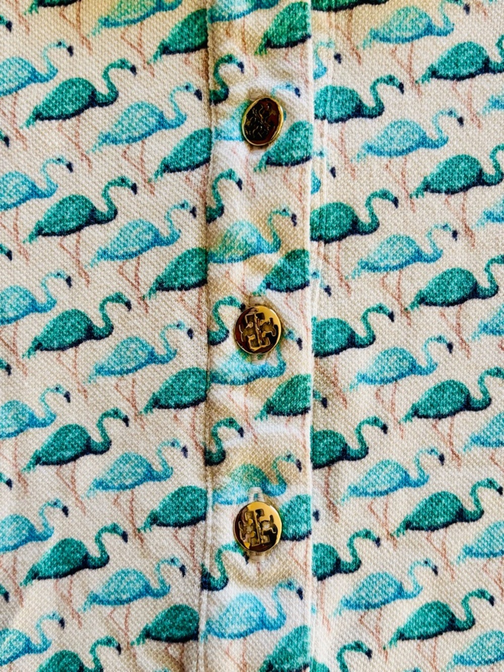 Sz L Tory Burch Cropped Cream Golf Polo with Teal Flamingo Print - Picture 4 of 9
